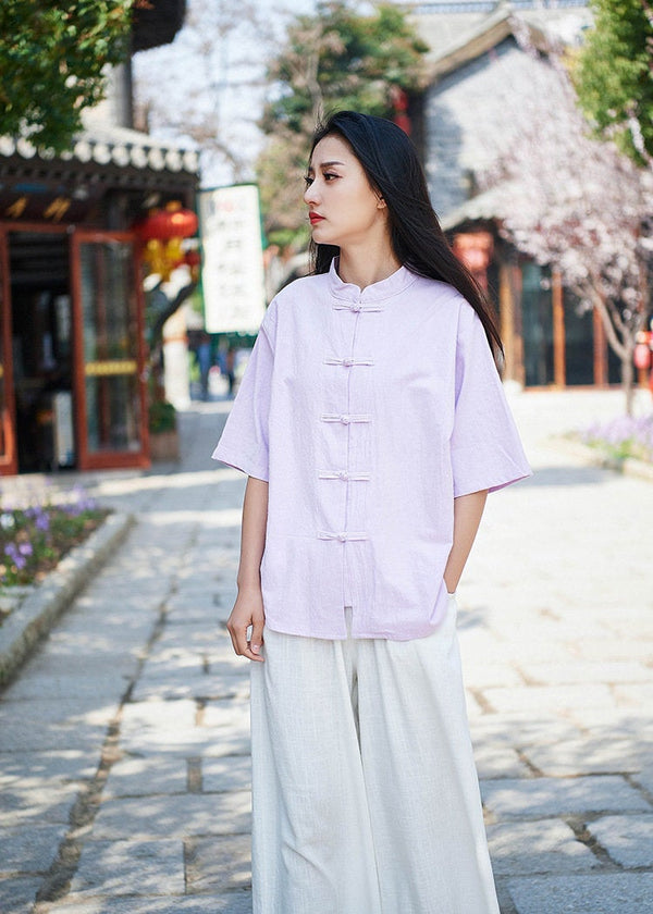 Retro Asian Style Linen and Cotton Pure Color Women Short Sleeve Cardigan Blouses