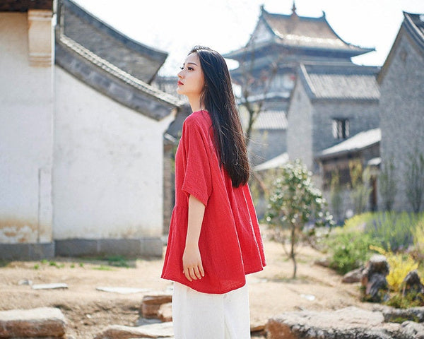 Pure Color Asian Style Women Half Sleeve Linen and Cotton Blouses