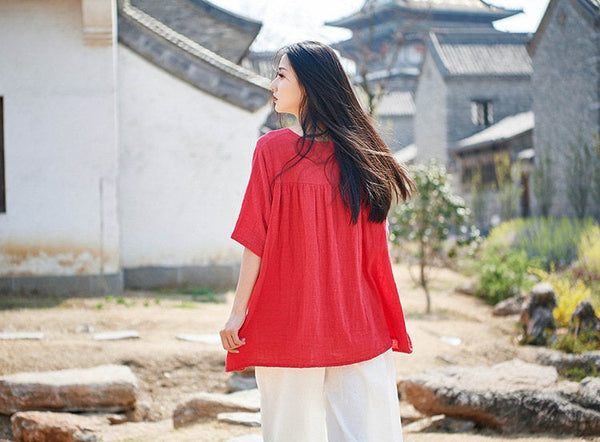 Pure Color Asian Style Women Half Sleeve Linen and Cotton Blouses