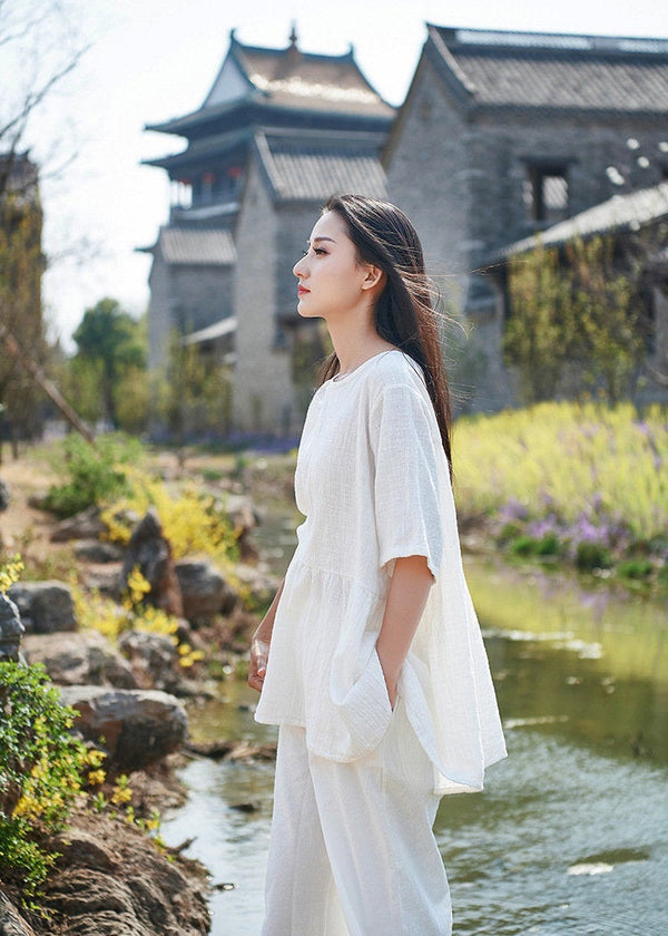 Pure Color Asian Style Women Half Sleeve Linen and Cotton Blouses