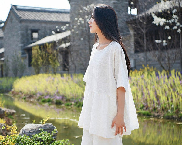 Pure Color Asian Style Women Half Sleeve Linen and Cotton Blouses