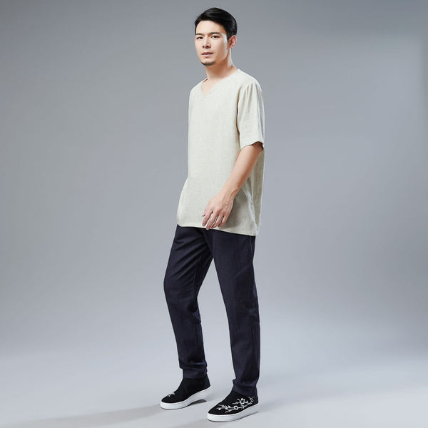 Men Simple Style Linen and Cotton V-neck Short Sleeved T-shirt