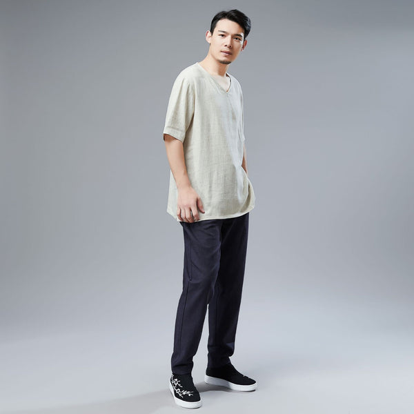 Men Simple Style Linen and Cotton V-neck Short Sleeved T-shirt