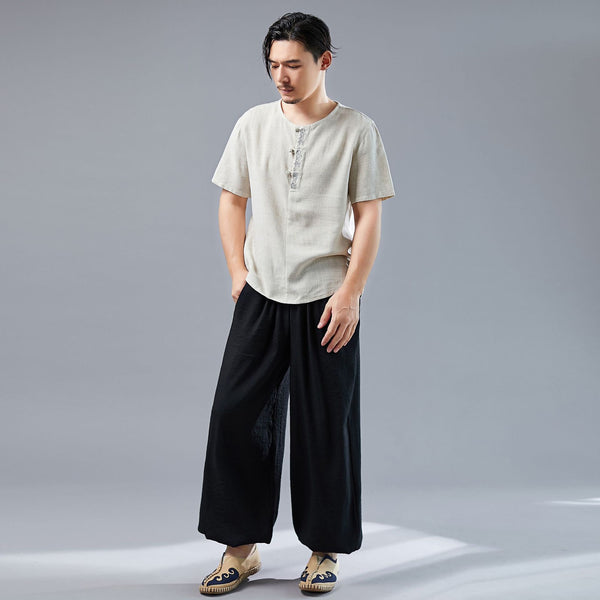 Men Asian Style Linen and Cotton Round-neck Short Sleeved T-shirt