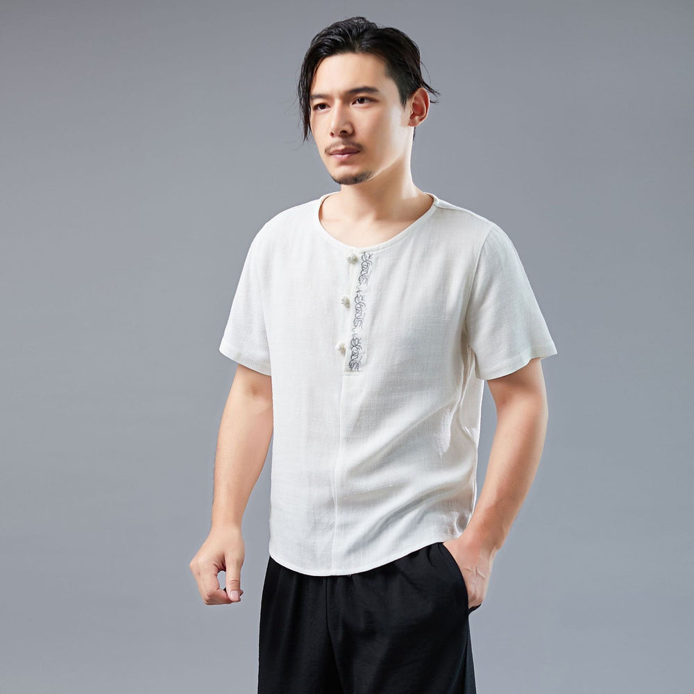 Men Asian Style Linen and Cotton Round-neck Short Sleeved T-shirt