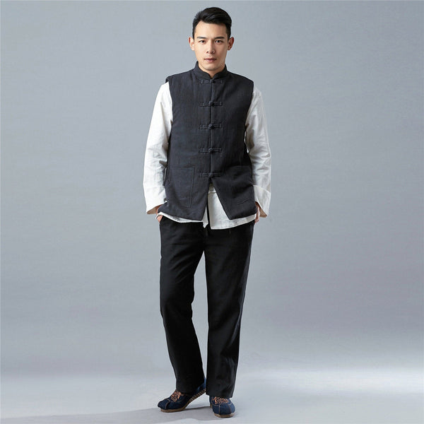 Men Asian Style Water-washed Pure Color Linen and Cotton Vest