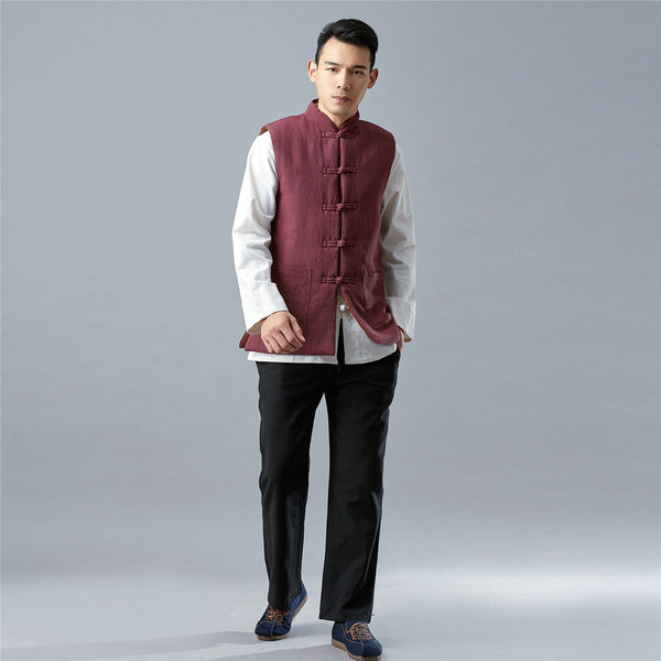 Men Asian Style Water-washed Pure Color Linen and Cotton Vest