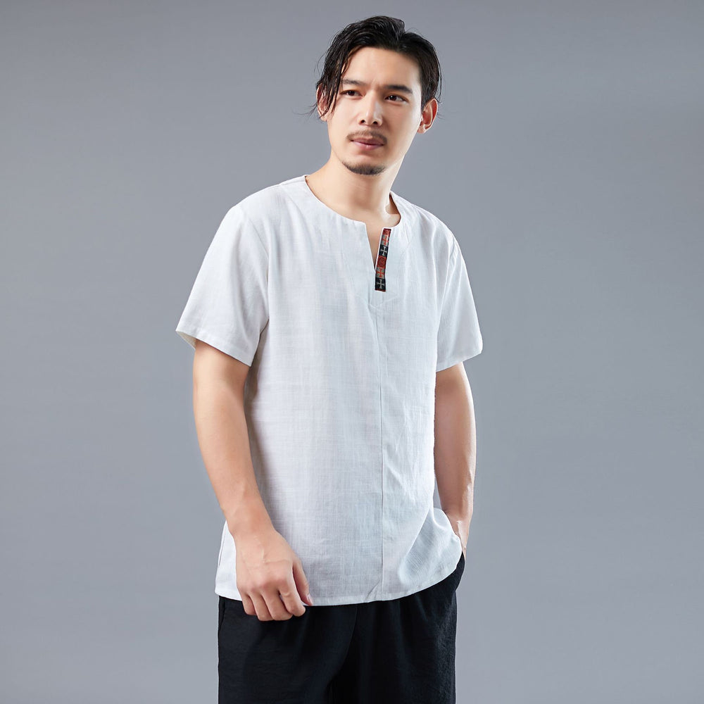 Men Asian Style Men Casual Linen and Cotton Short Sleeved T-shirt Tops