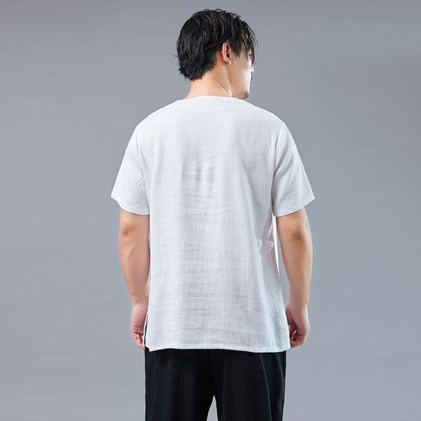 Men Asian Style Men Casual Linen and Cotton Short Sleeved T-shirt Tops