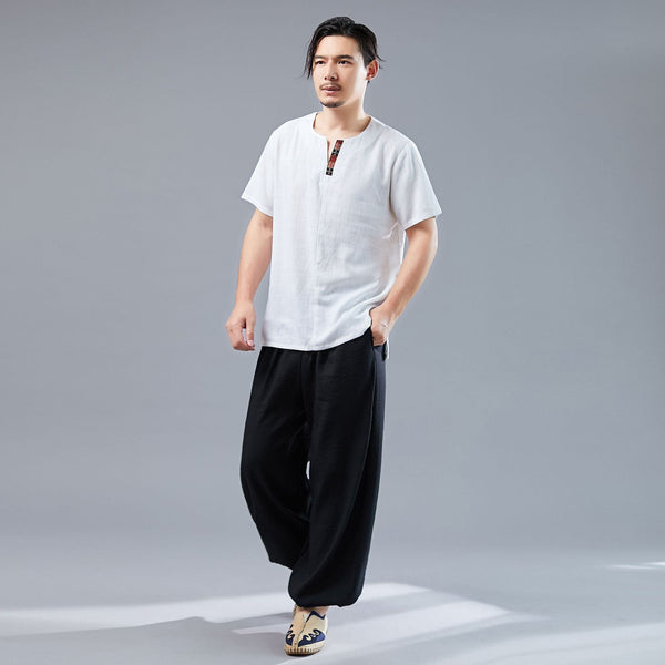 Men Asian Style Men Casual Linen and Cotton Short Sleeved T-shirt Tops
