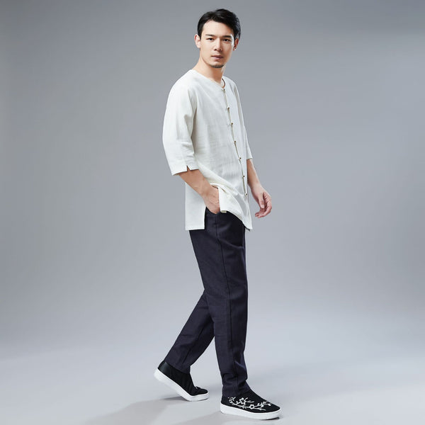 Men Simple Style Water-washed Hanfu Style Linen and Cotton Half Sleeved Cardigan Tops