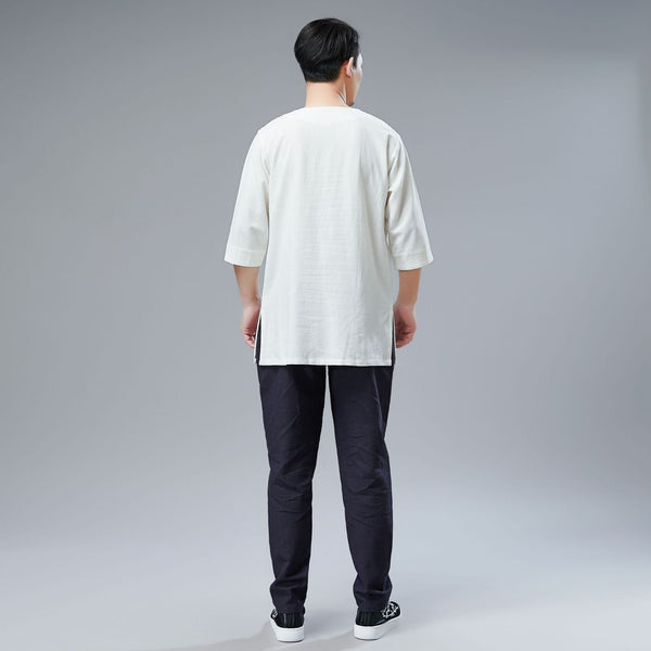 Men Simple Style Water-washed Hanfu Style Linen and Cotton Half Sleeved Cardigan Tops