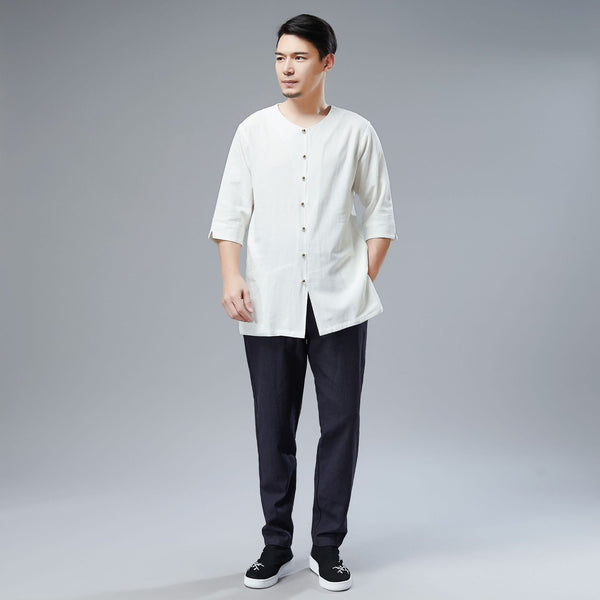 Men Simple Style Water-washed Hanfu Style Linen and Cotton Half Sleeved Cardigan Tops