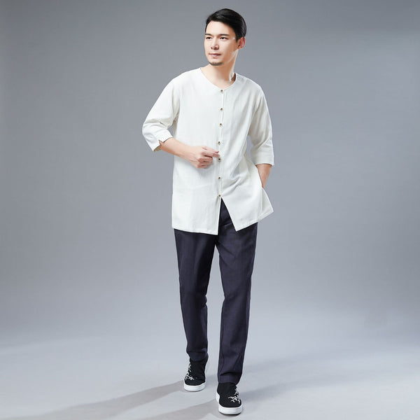 Men Simple Style Water-washed Hanfu Style Linen and Cotton Half Sleeved Cardigan Tops