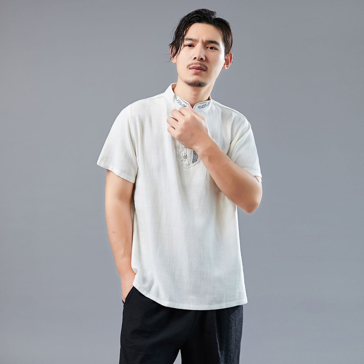 Men Asian Style Sand-Washed Short Sleeved T-shirt with Pocket Tops