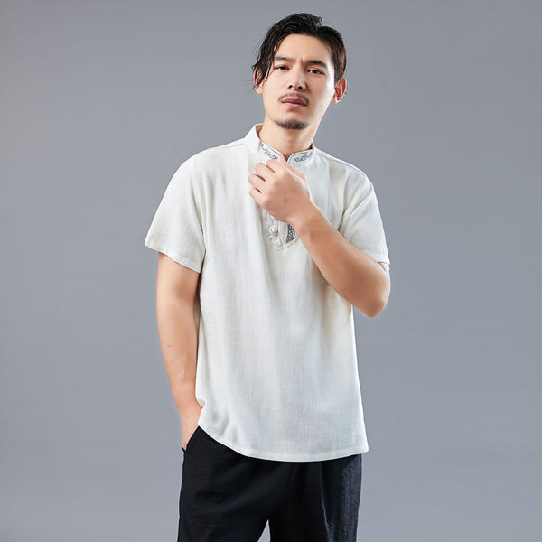 Men Asian Style Sand-Washed Short Sleeved T-shirt with Pocket Tops