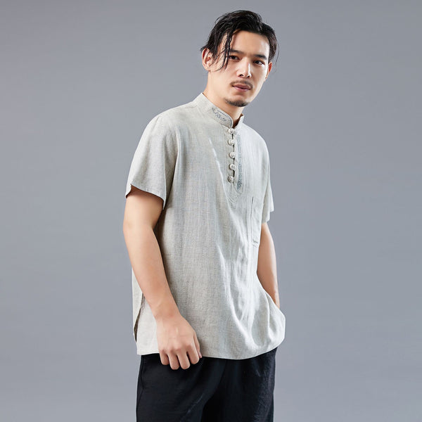 Men Asian Style Sand-Washed Short Sleeved T-shirt with Pocket Tops