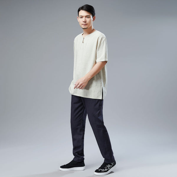 Men Asian Style Sand-Washed Casual Linen and Cotton Round-Neck Short Sleeved T-shirt Tops