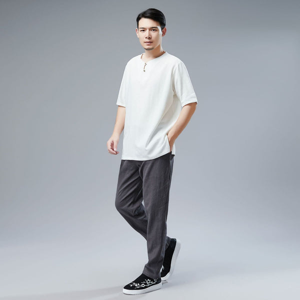 Men Asian Style Sand-Washed Casual Linen and Cotton Round-Neck Short Sleeved T-shirt Tops