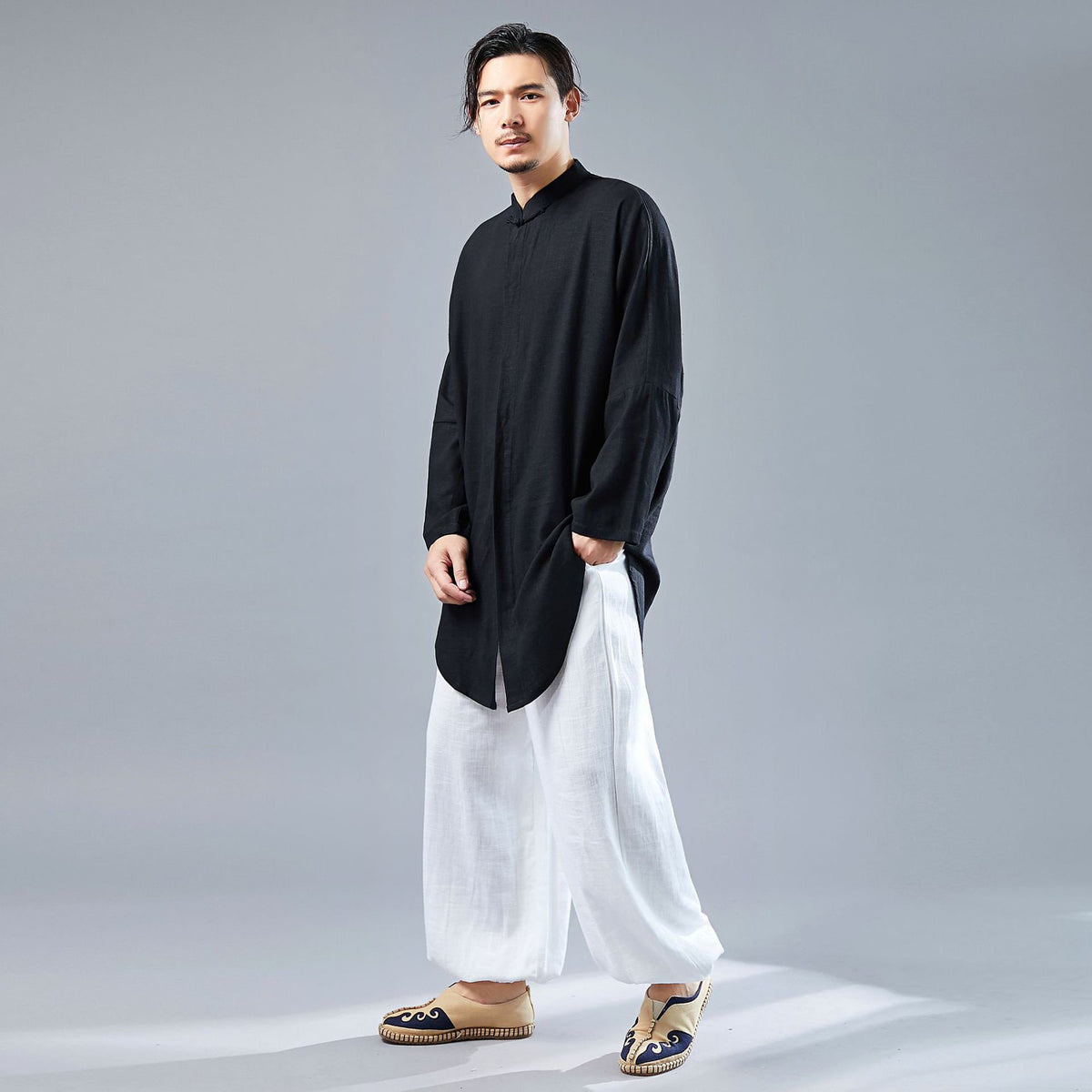 Men Tai Chi Loose Style Water-washed Linen Long Sleeved Cardigan Long Shirts