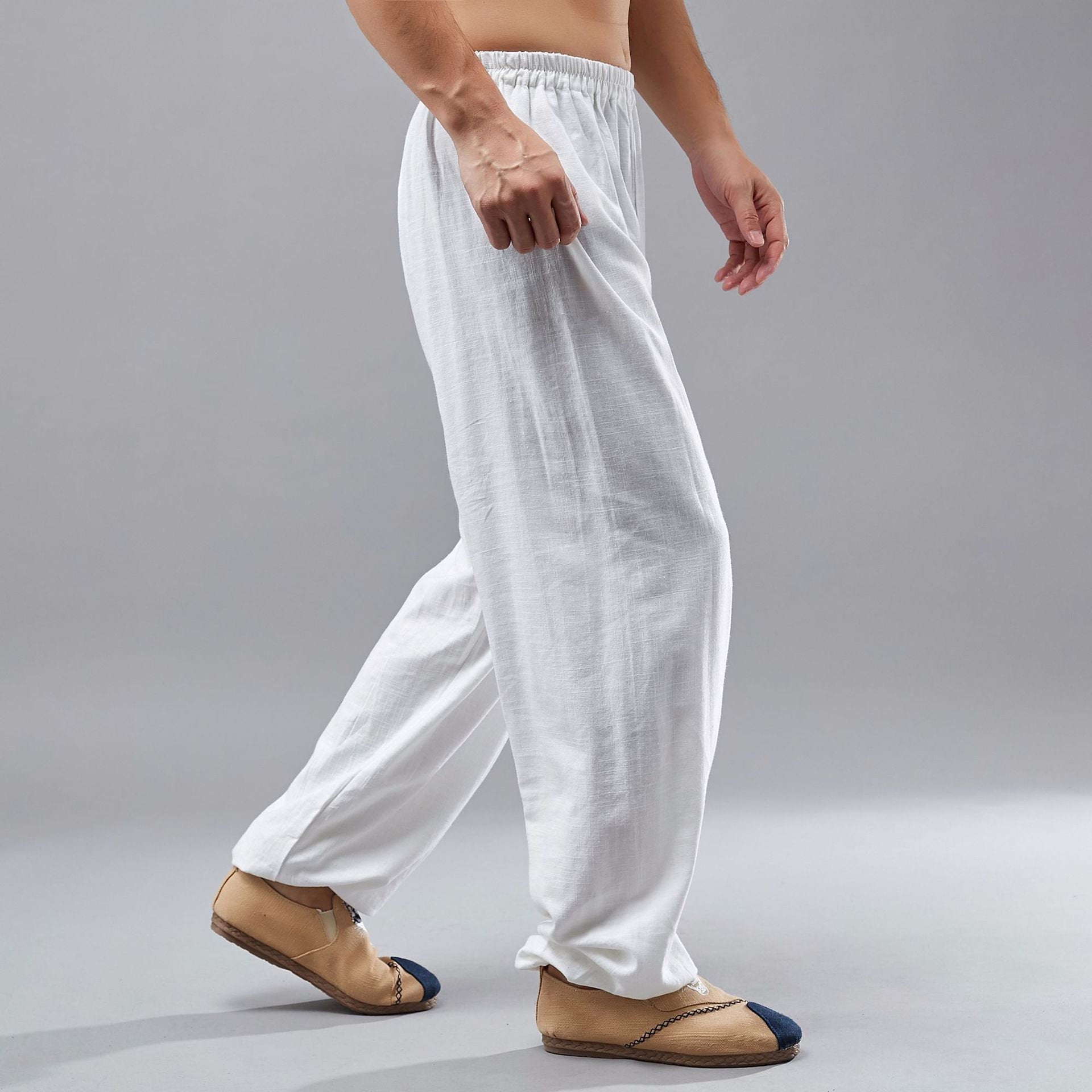 Men 3/4 Long Shorts Cotton Linen Below Knee Pants Tai Chi Loose Lace-Up  Kung Fu