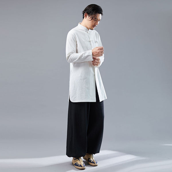 Men KungFu Style Water-washed Linen and Cotton Long Sleeved Cardigan Middle Long Shirts