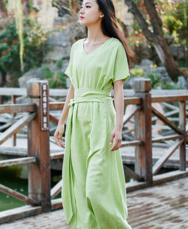 Women Retro Style Causal V-neck Short Sleeve Tea Length Dress