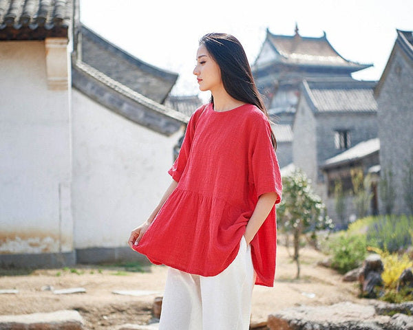 Pure Color Asian Style Women Half Sleeve Linen and Cotton Blouses