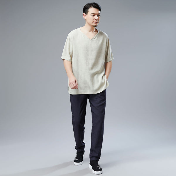 Men Simple Style Linen and Cotton V-neck Short Sleeved T-shirt
