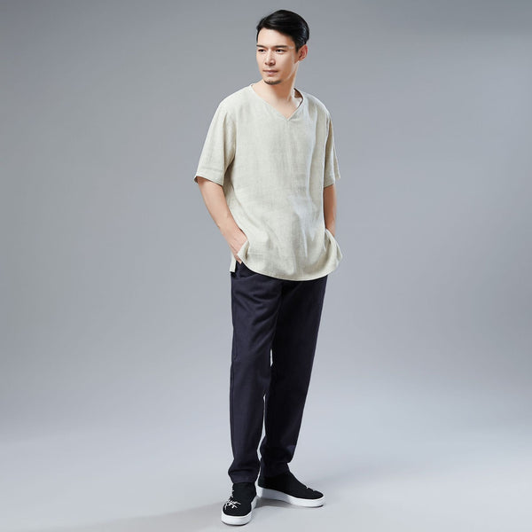 Men Simple Style Linen and Cotton V-neck Short Sleeved T-shirt