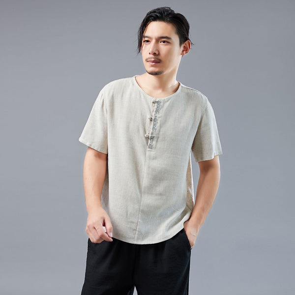 Men Asian Style Linen and Cotton Round-neck Short Sleeved T-shirt