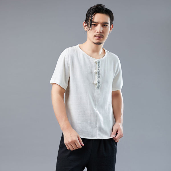Men Asian Style Linen and Cotton Round-neck Short Sleeved T-shirt
