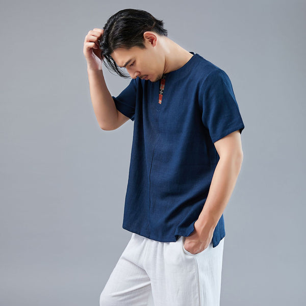 Men Asian Style Men Casual Linen and Cotton Short Sleeved T-shirt Tops