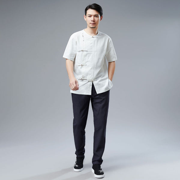 Men Retro Asian Style Water-washed Linen and Cotton Short Sleeved T-shirt Tops