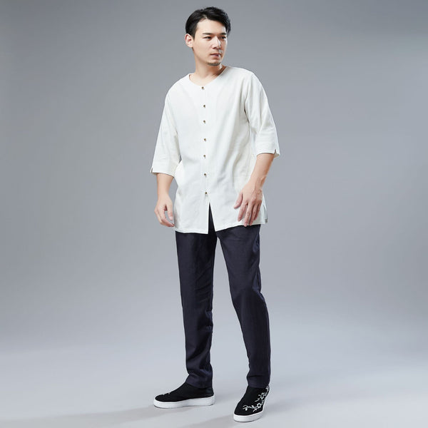 Men Simple Style Water-washed Hanfu Style Linen and Cotton Half Sleeved Cardigan Tops