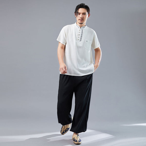 Men Asian Style Sand-Washed Short Sleeved T-shirt with Pocket Tops