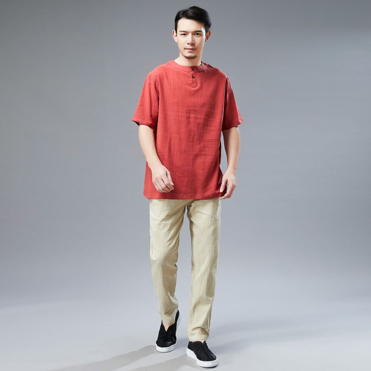 Men Simple Style Casual Light Soft Linen and Cotton Round-Neck Short Sleeved T-shirt Tops