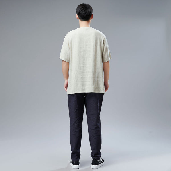 Men Asian Style Sand-Washed Casual Linen and Cotton Round-Neck Short Sleeved T-shirt Tops