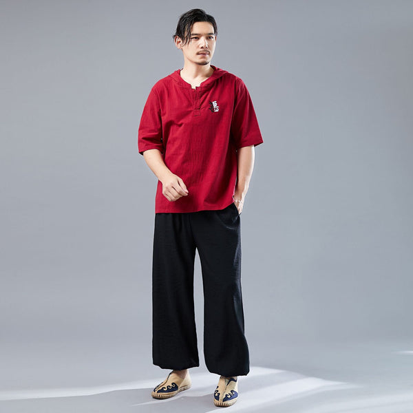 Men "Good and Evil" Men Causal Style Linen and Cotton Short Sleeve Tops with Hoodie