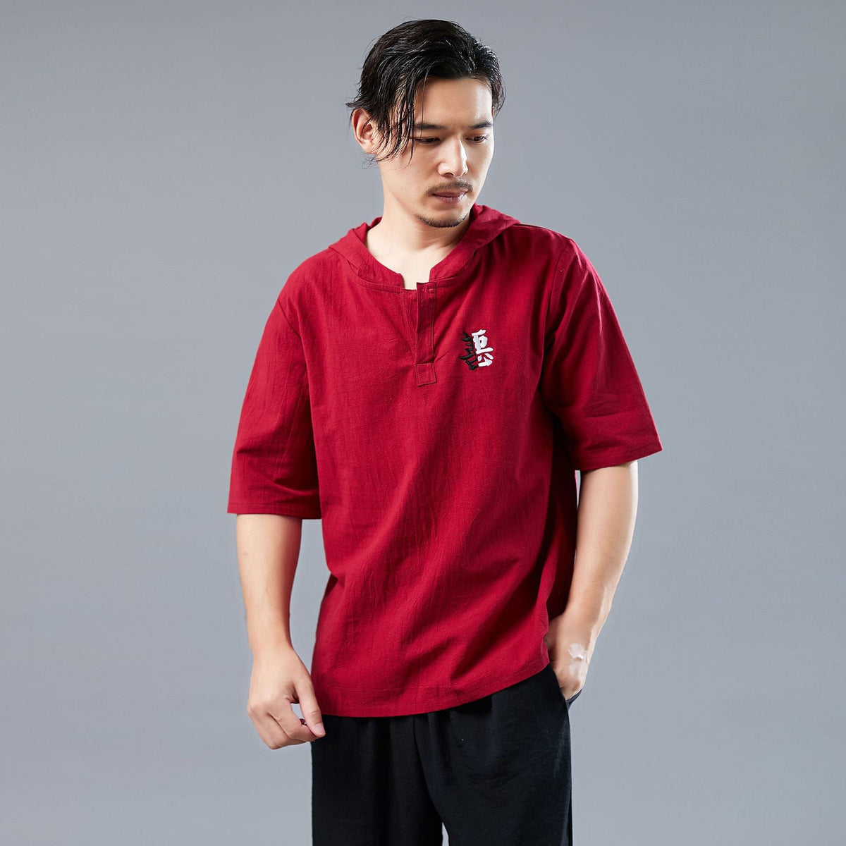Men "Good and Evil" Men Causal Style Linen and Cotton Short Sleeve Tops with Hoodie